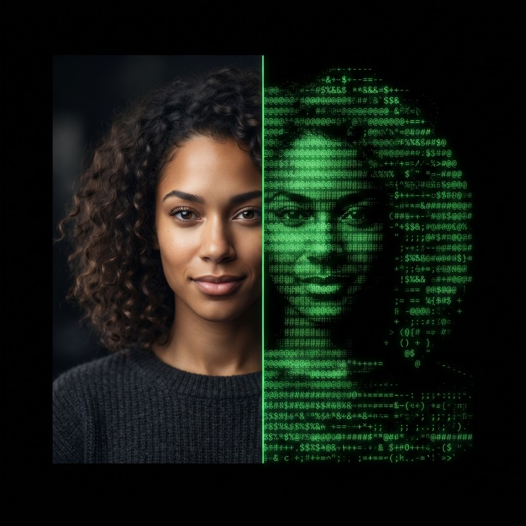 A portrait photo converted into green monospace ASCII art side by side